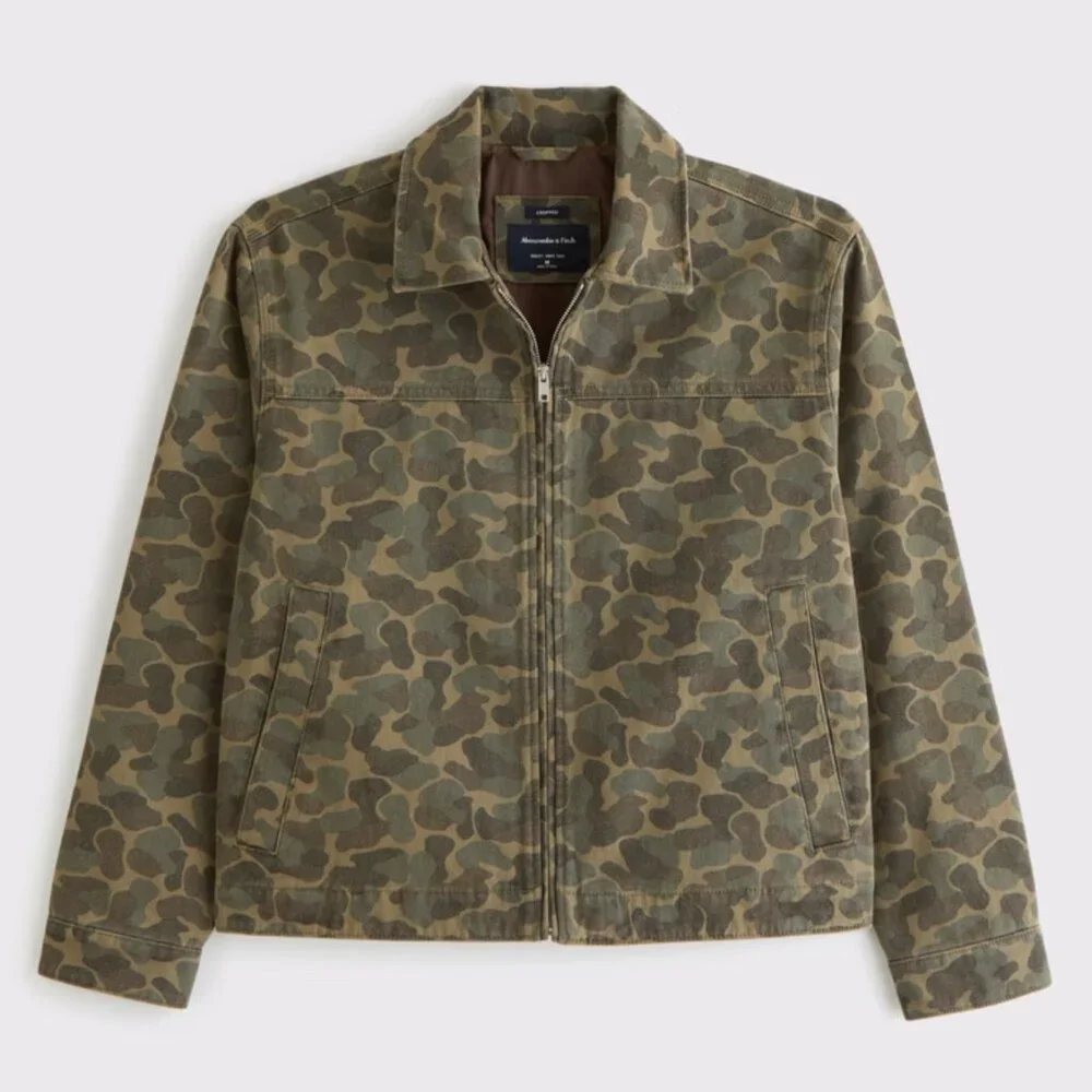 Abercrombie & Fitch Olive Camo Lightweight Cropped Zip Workwear Jacket, Large - Picture 1 of 8